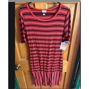 LuLaRoe Julia Dress Womens Medium Red Black Striped Elbow Sleeve Sheath Knee NWT